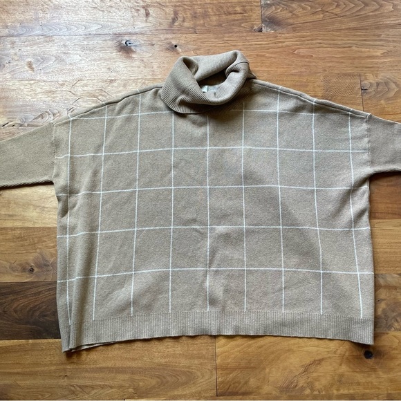 Loft Camel Tan Windowpane Cotton Boxy Cowl Turtleneck Sweater size L - Picture 6 of 13